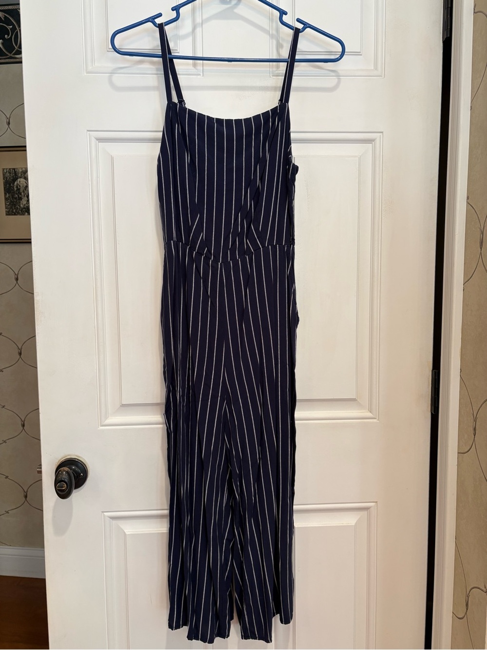 Old Navy Navy and White Vertical-Stripe Cami Jumpsuit, Size M